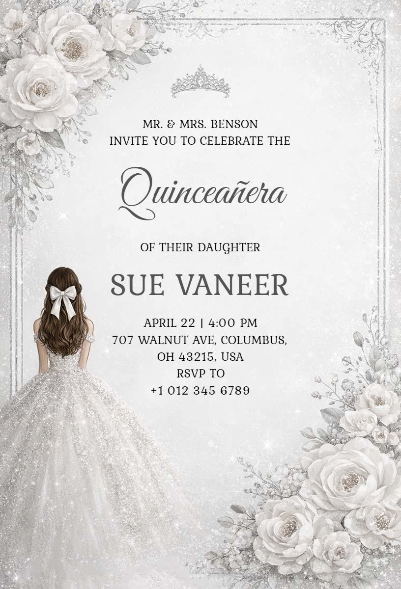Elegant Floral White Quinceanera Celebration Invitation Template
