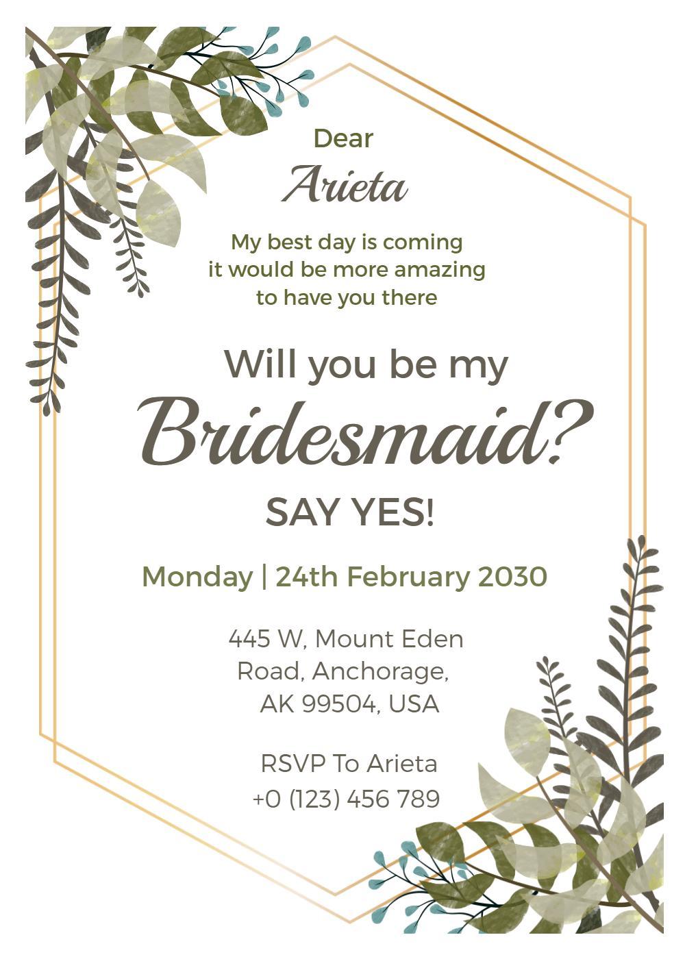 Elegant Floral Will You Be My Bridesmaid Invitation Template