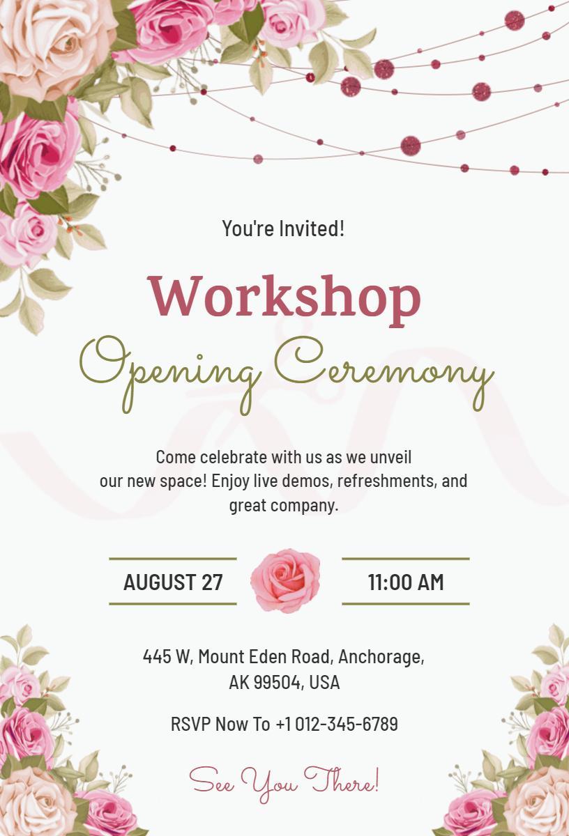 Elegant Floral Workshop Opening Ceremony Invitation Template