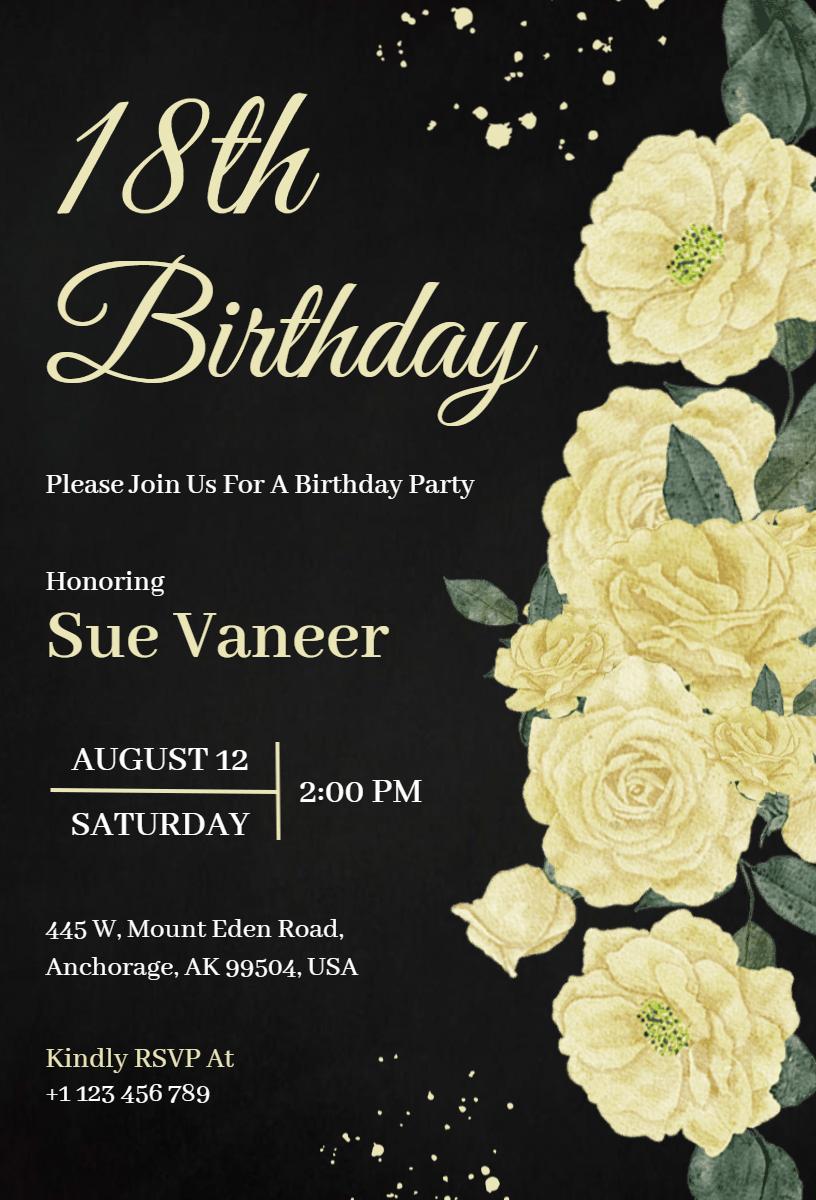Elegant Floral Yellow 18th Birthday Celebration Invitation Template