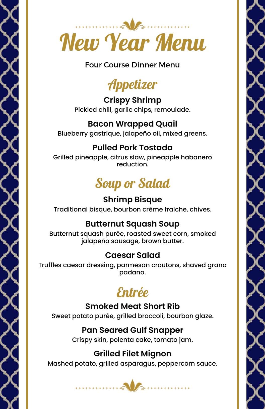 Elegant Four Course Dinner Selections for Celebrating New Year Menu Template