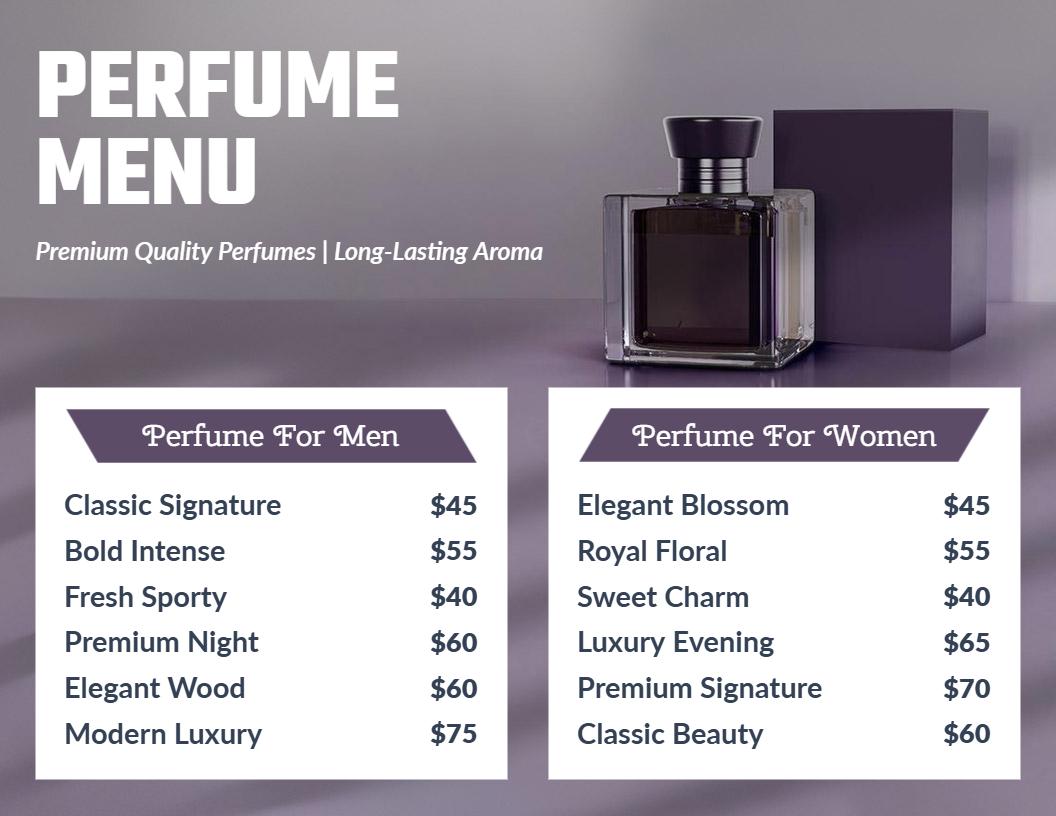 Elegant Fragrances for Men and Women Selection Perfume Menu Template
