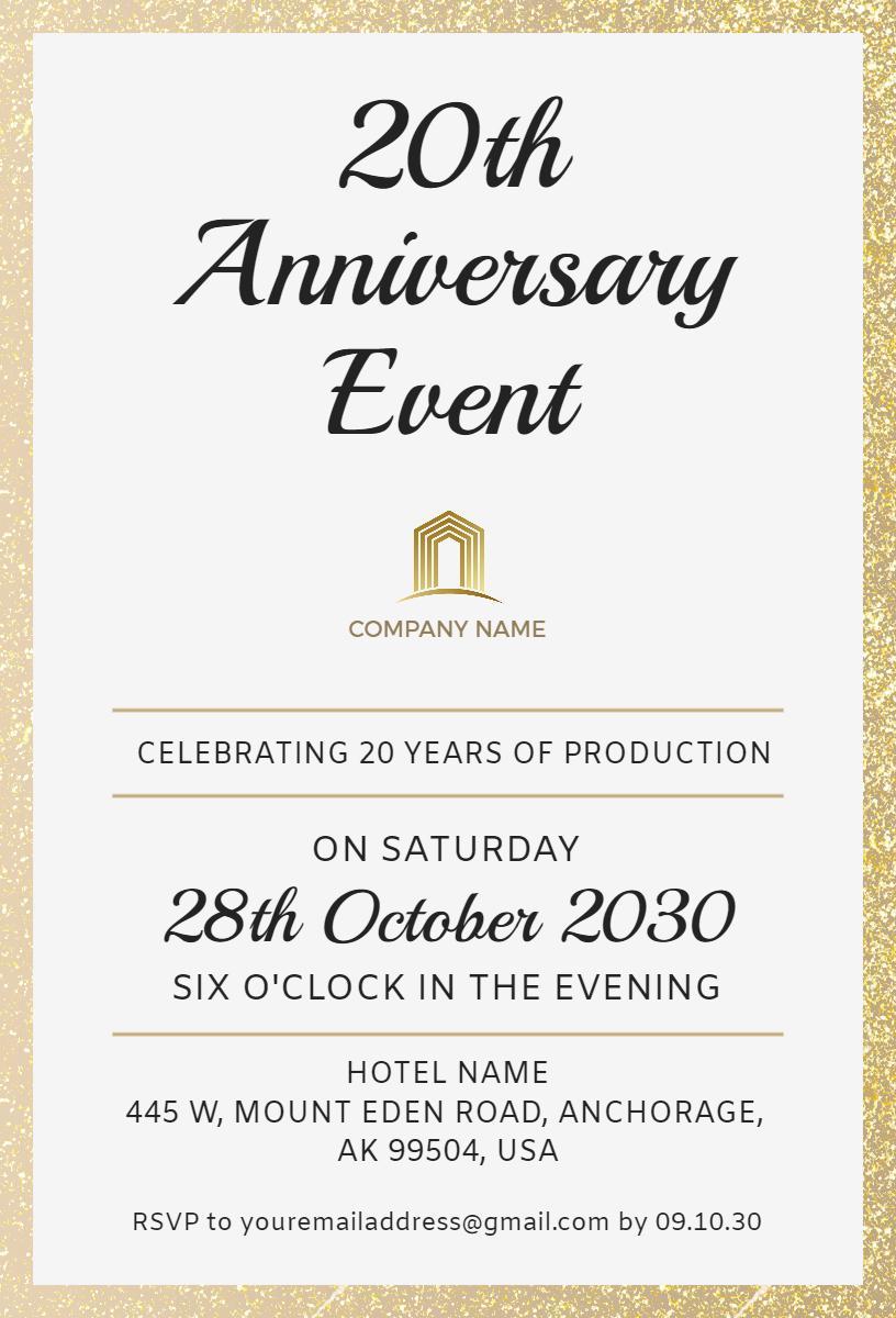 Elegant Gold 20th Anniversary Celebration Invitation Template