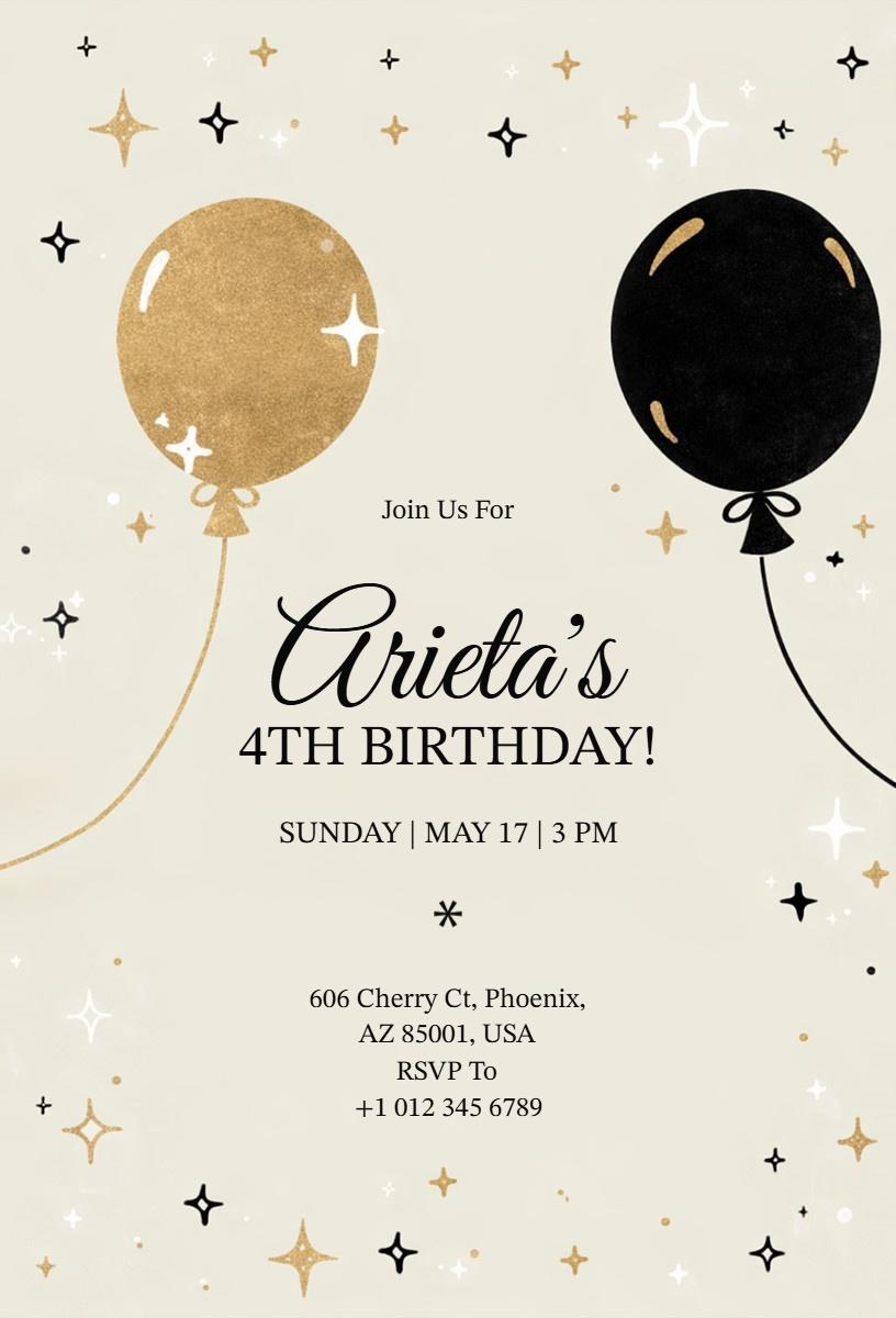 Elegant Gold and Black 4th Birthday Celebration Invitation Template