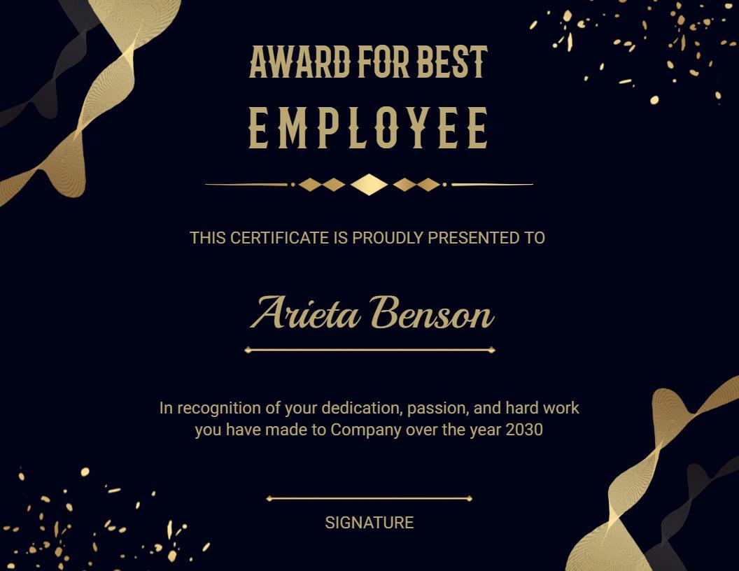Elegant Gold and Black Best Employee Award Certificate Template