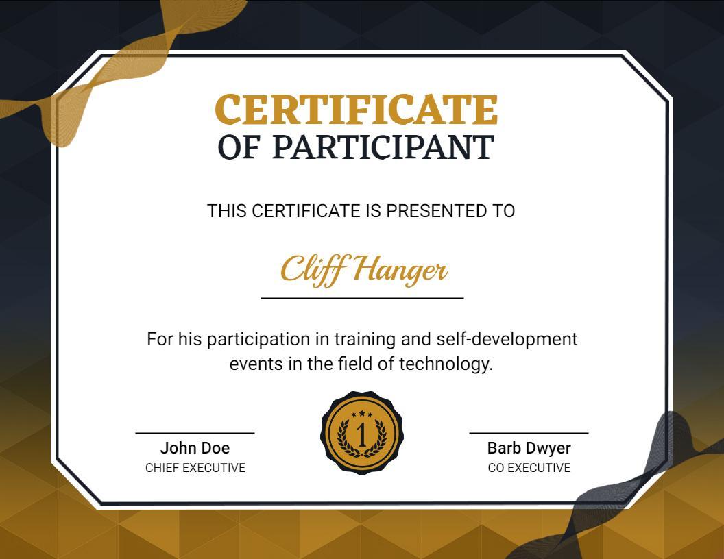 Elegant Gold and Black Technology Training Participant Certificate Template