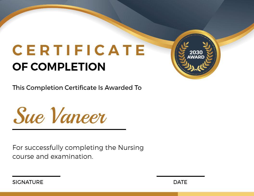 Elegant Gold and Blue Nursing Course Completion Certificate Template