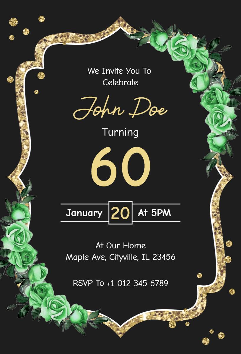 Elegant Gold and Green 60th Birthday Celebration Invitation Template
