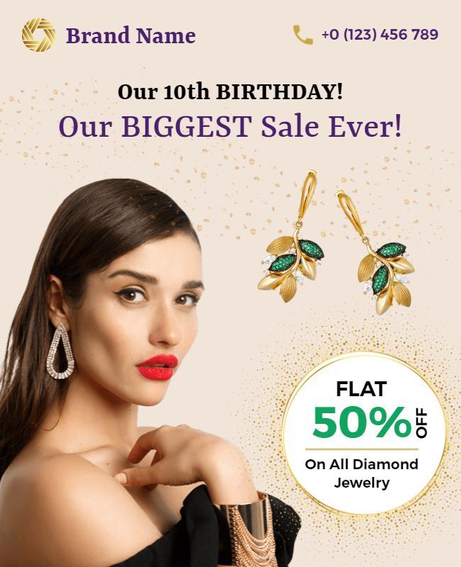 Elegant Gold and Green Jewelry Sale Birthday Poster Template
