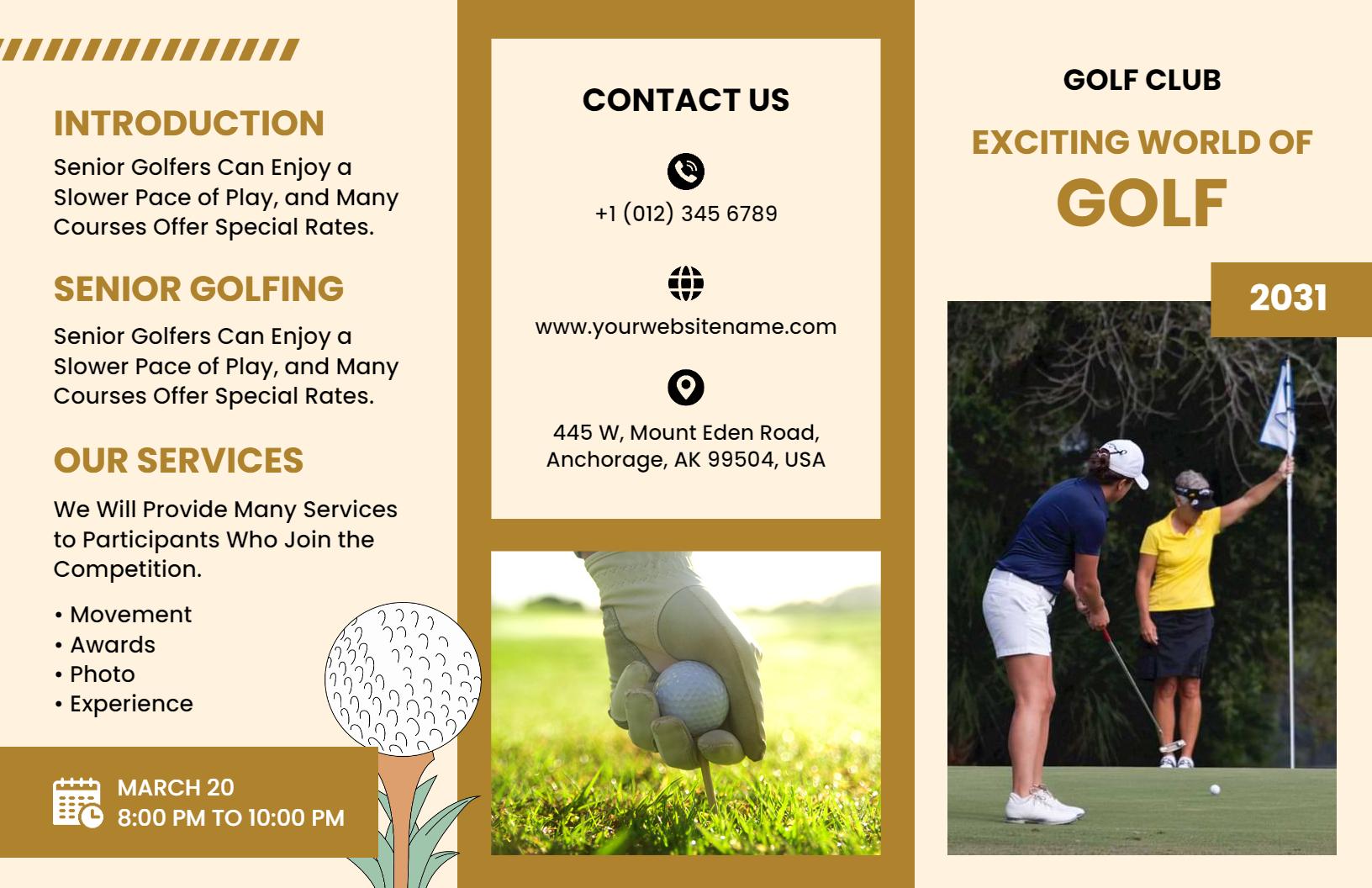 Elegant Gold and Green Senior Golf Club Services Brochure Template