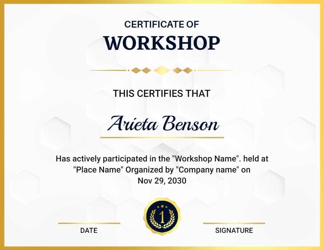 Elegant Gold and Navy Hexagonal Design Workshop Certificate Template