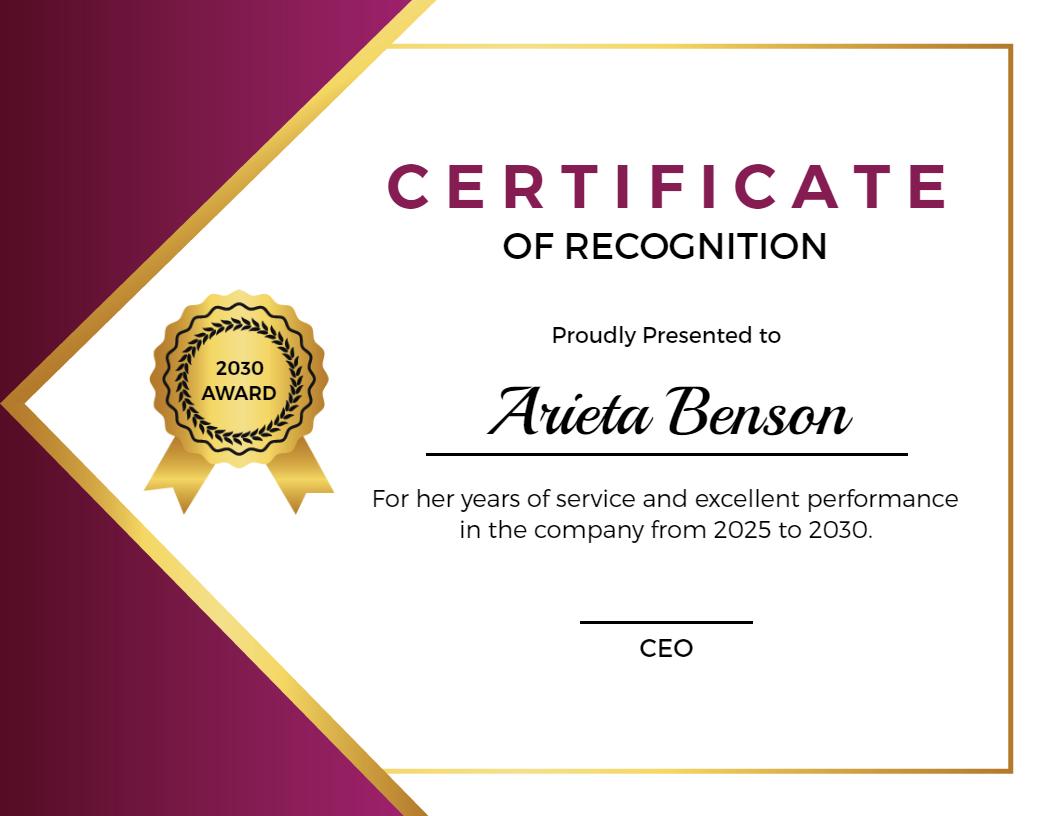 Elegant Gold Award Recognition for Outstanding Service Certificate Template