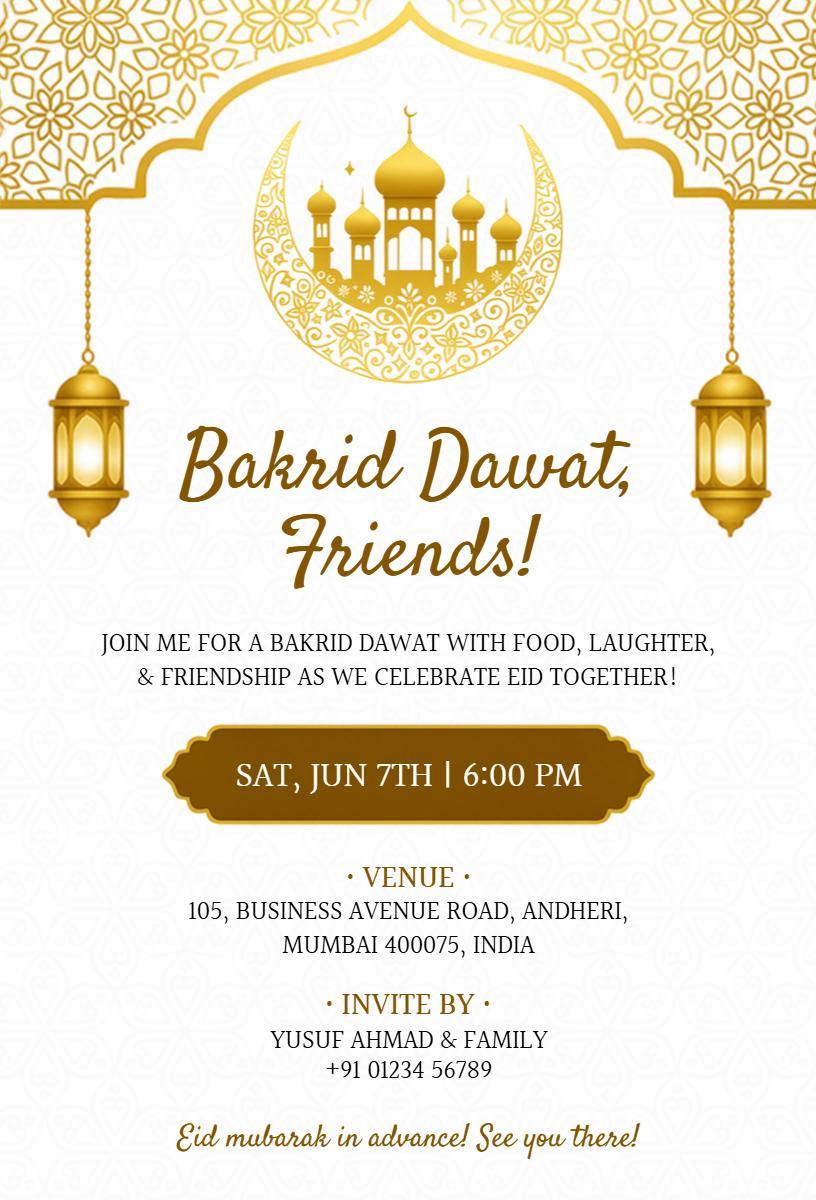 Elegant Gold Bakrid Dawat Celebration Invitation Template