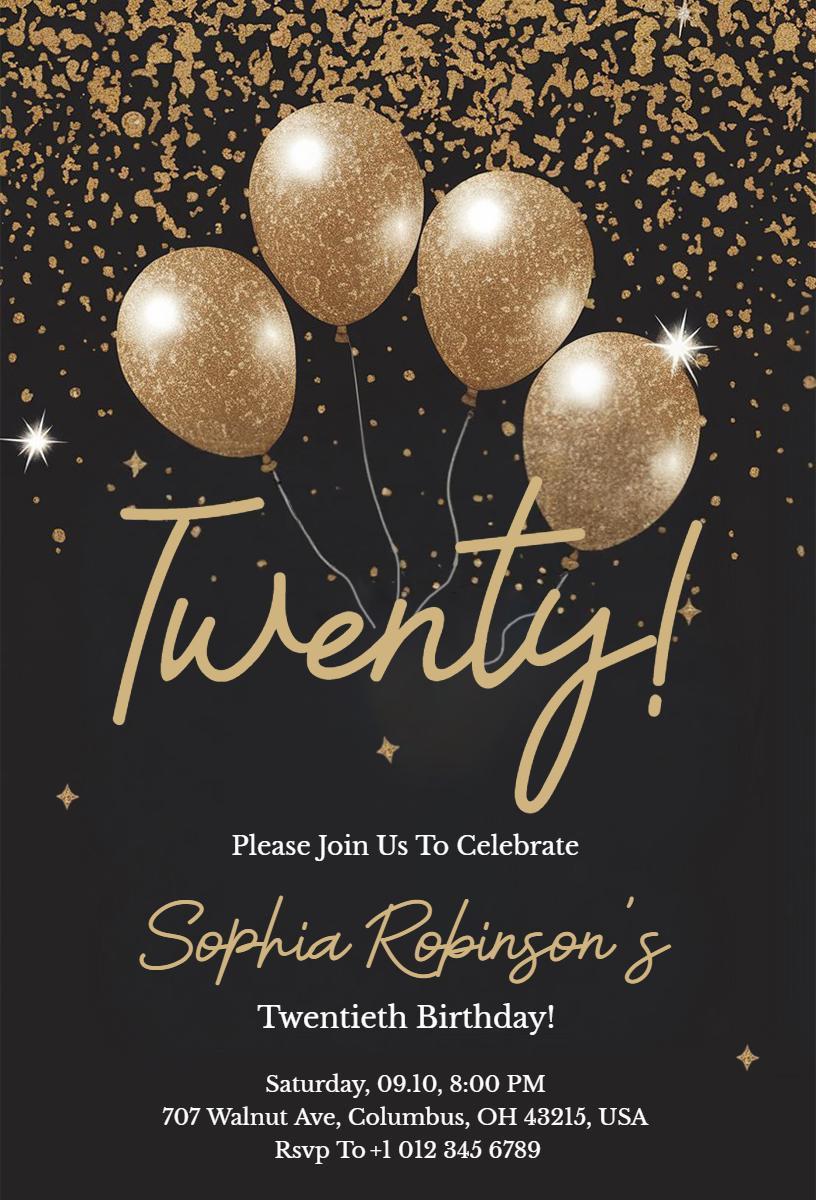 Elegant Gold Balloons Twentieth Birthday Celebration Invitation Template