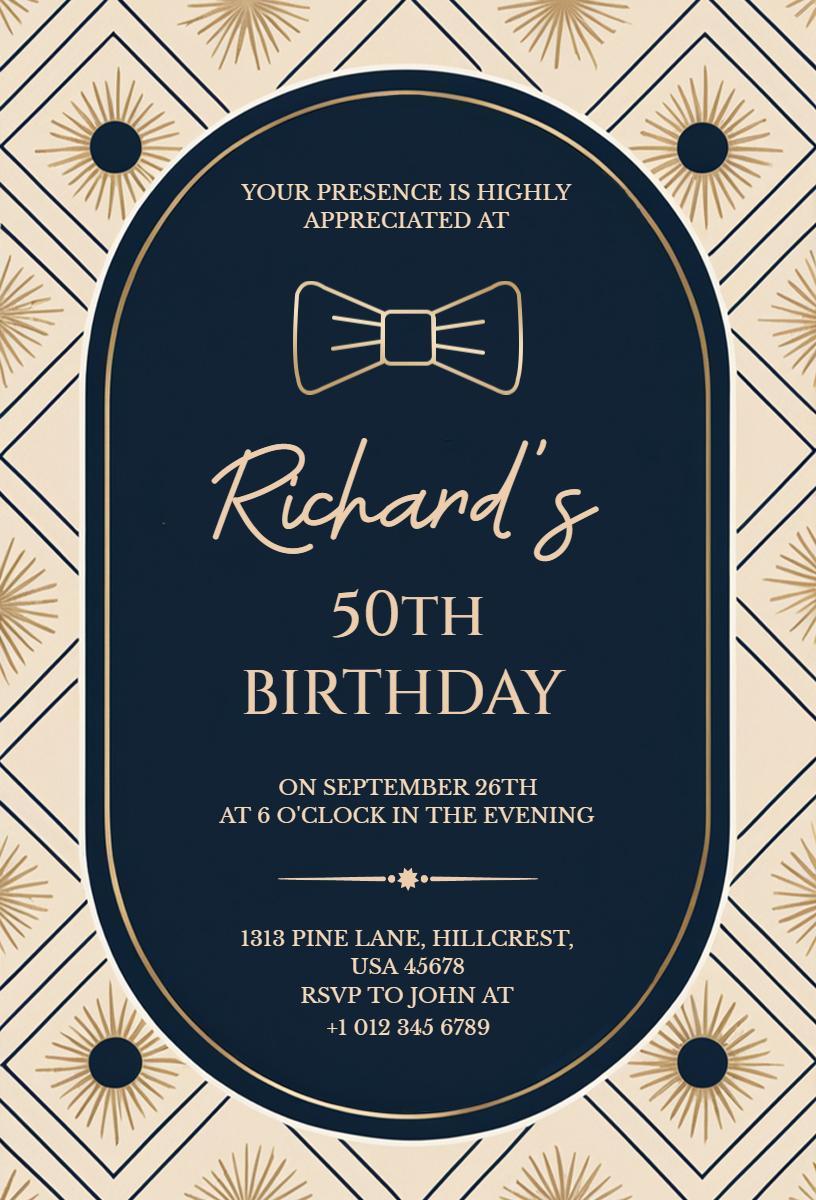Elegant Gold Bowtie 50th Birthday Celebration Invitation Template