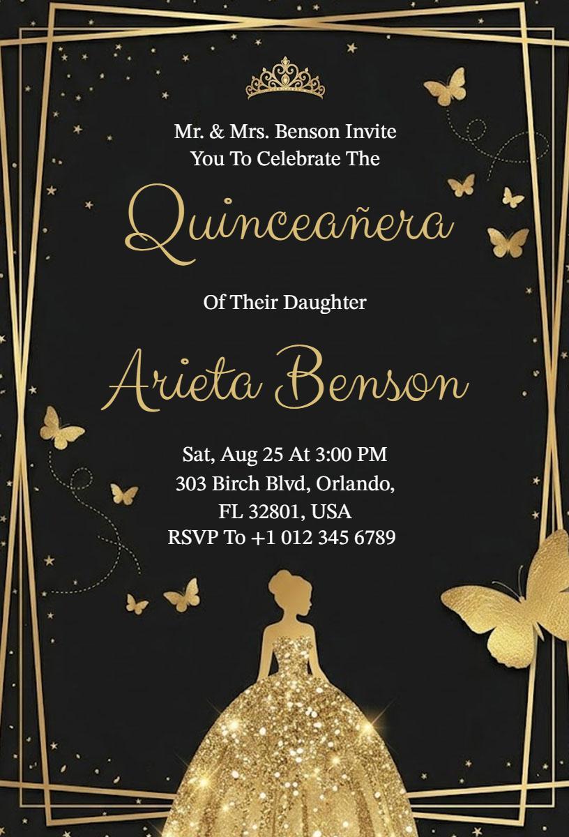 Elegant Gold Butterfly Quinceanera Celebration Invitation Template