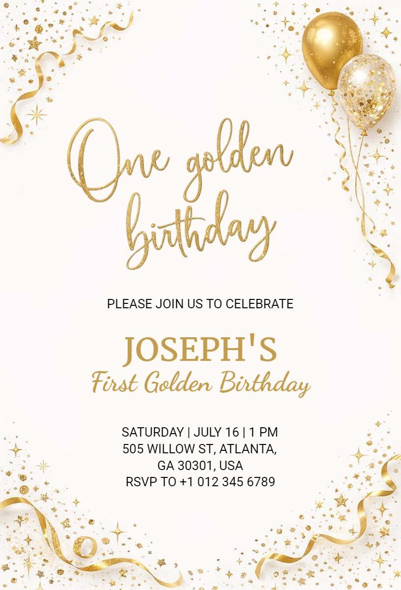 Elegant Gold Confetti First Golden Birthday Invitation Template