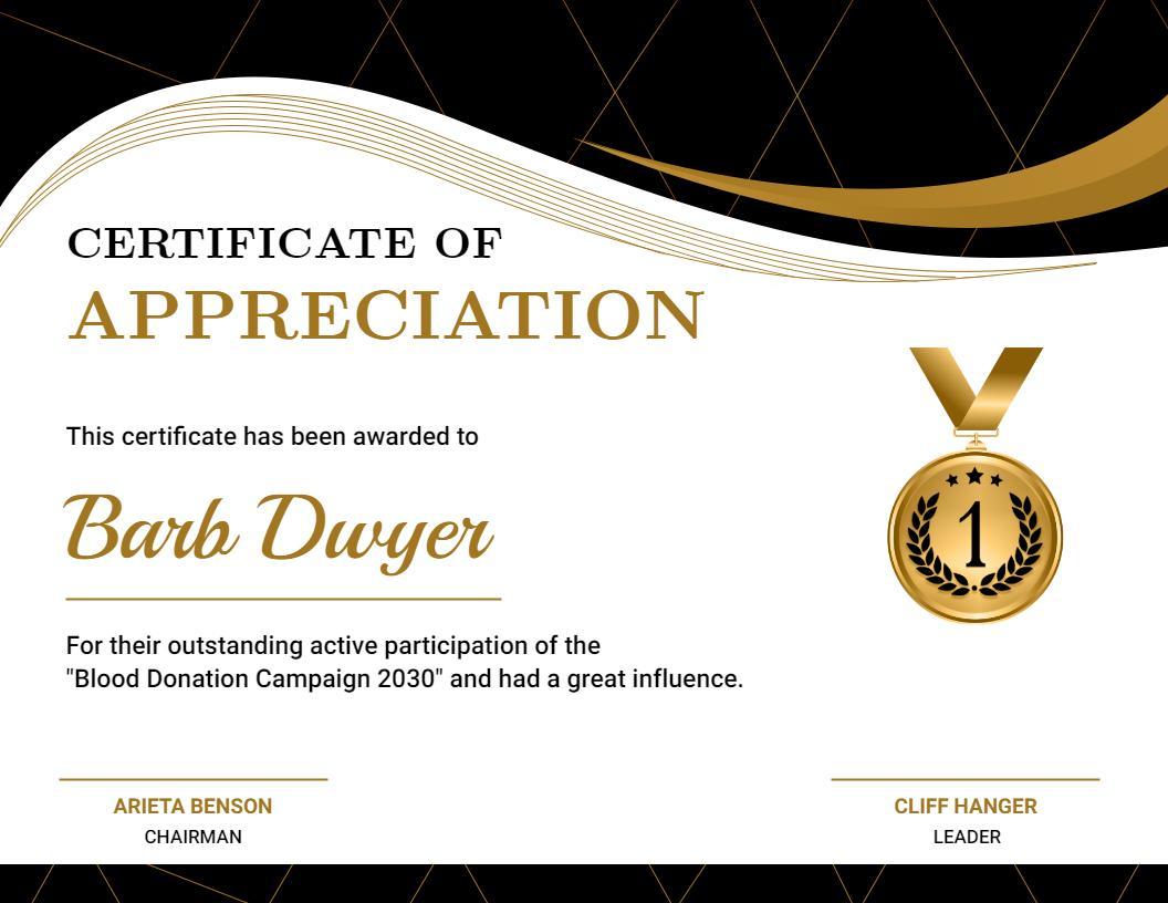 Elegant Gold Design for Blood Donation Appreciation Certificate Template