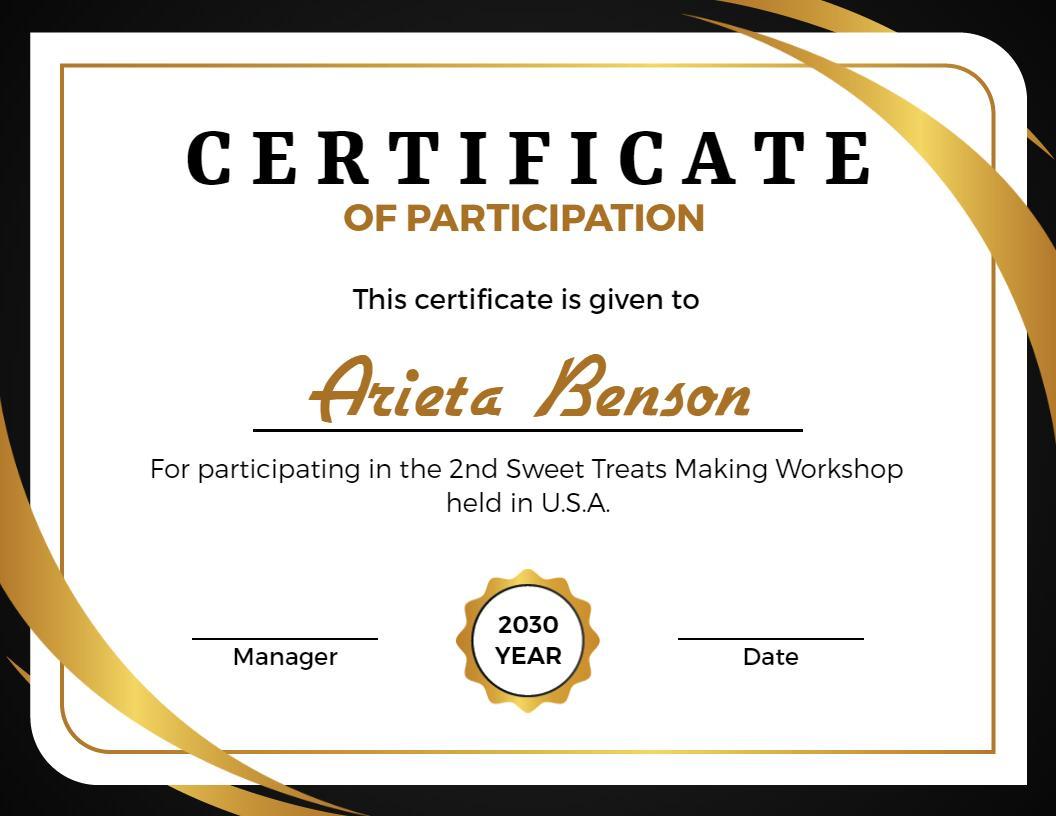 Elegant Gold Design for Sweet Treats Making Workshop Certificate Template