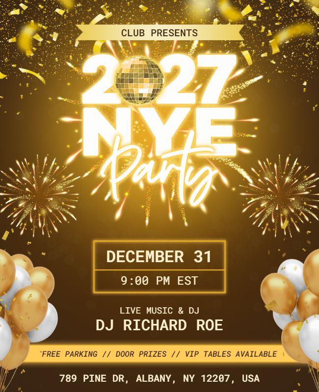 Elegant Gold Disco Ball 2027 New Year Party Flyer Template