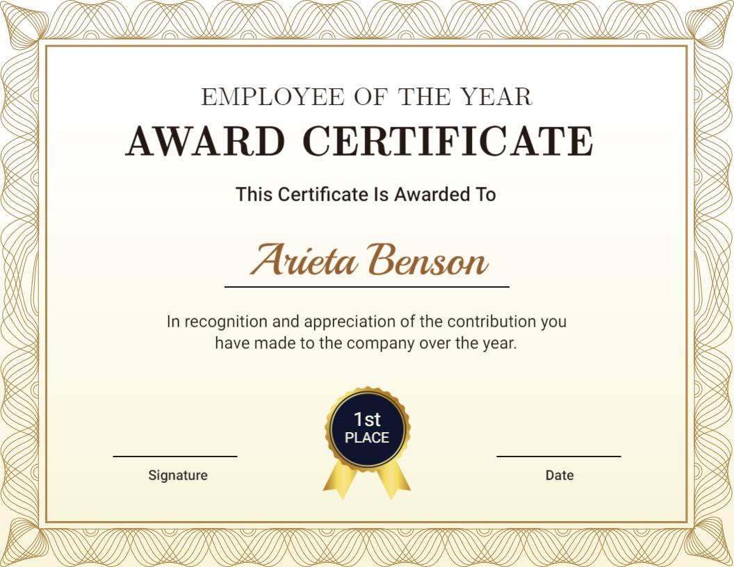 Elegant Gold Employee of the Year Award Certificate Template