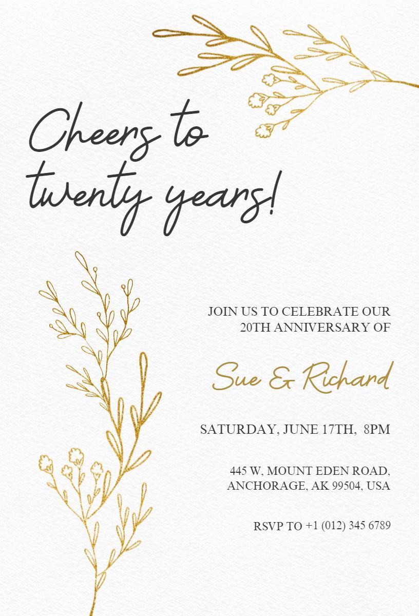 Elegant Gold Floral 20th Anniversary Celebration Invitation Template