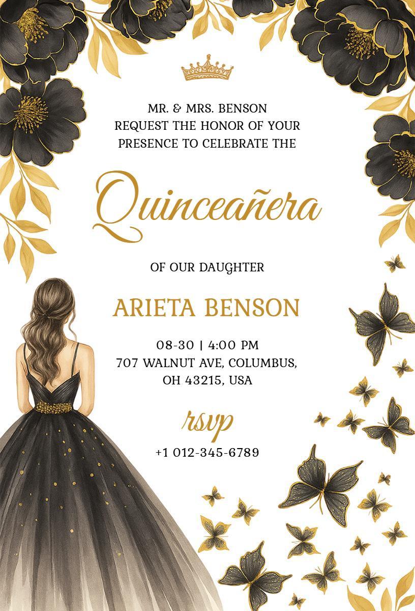 Elegant Gold Floral Quinceanera Celebration Invitation Template