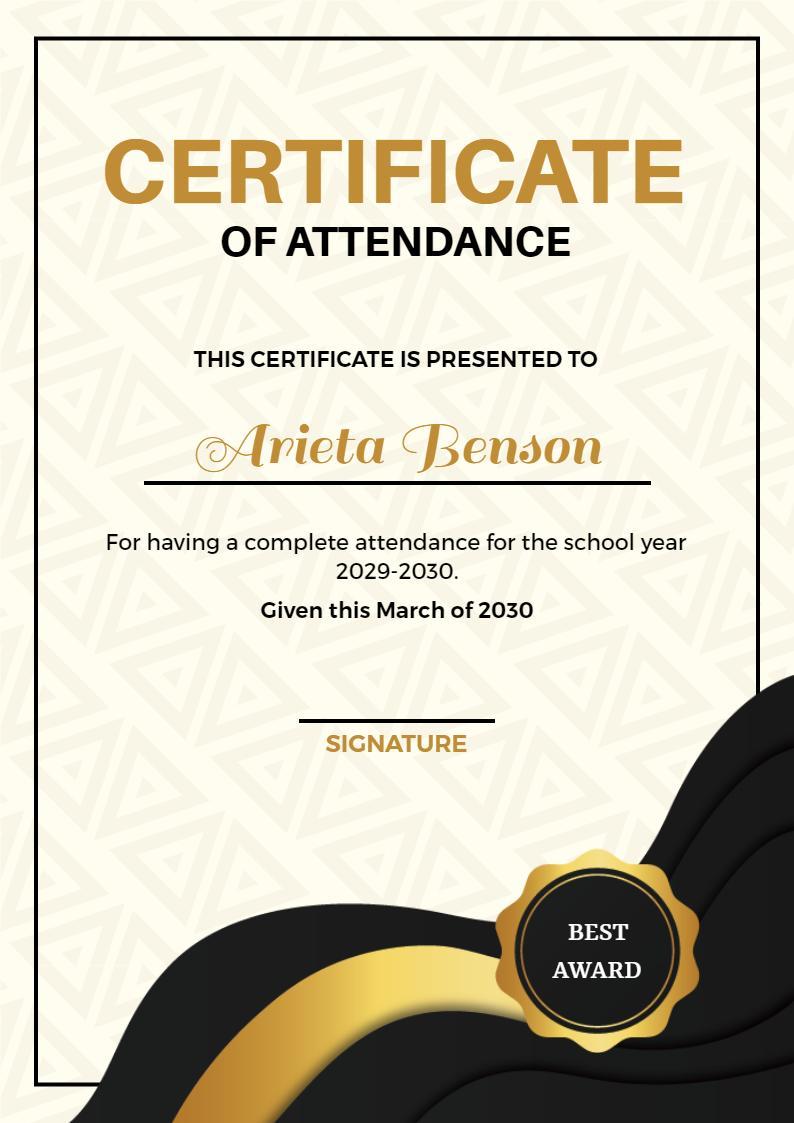 Elegant Gold Geometric Design Attendance Certificate Template