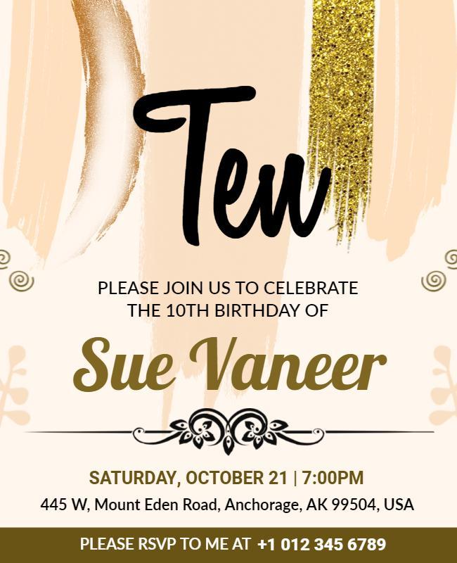 Elegant Gold Glitter 10th Birthday Celebration Poster Template