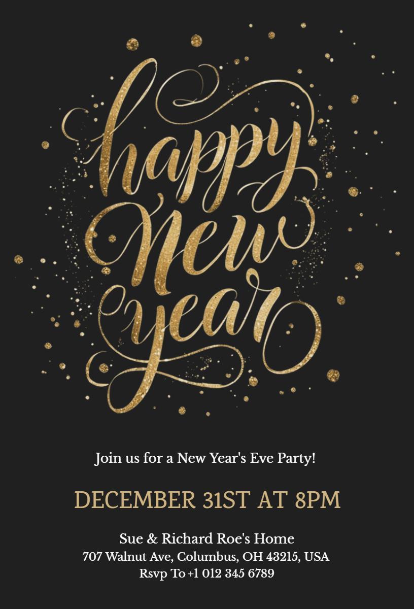 Elegant Gold Glitter Happy New Year Celebration Invitation Template