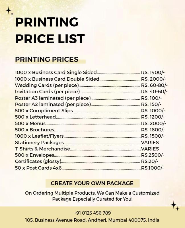Elegant Gold Glitter Printing Price List Poster Template