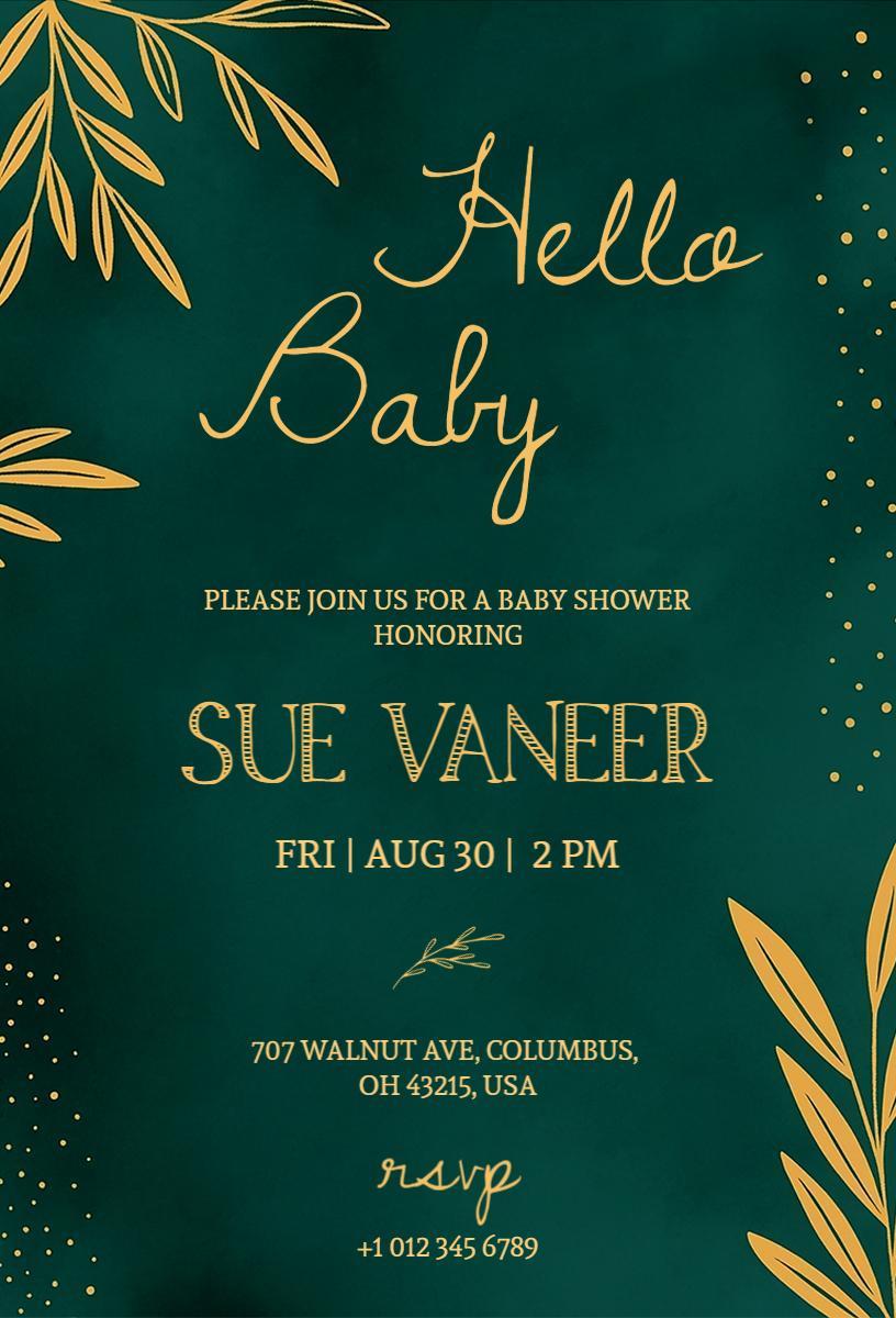 Elegant Gold Green Hello Baby Shower Invitation Template