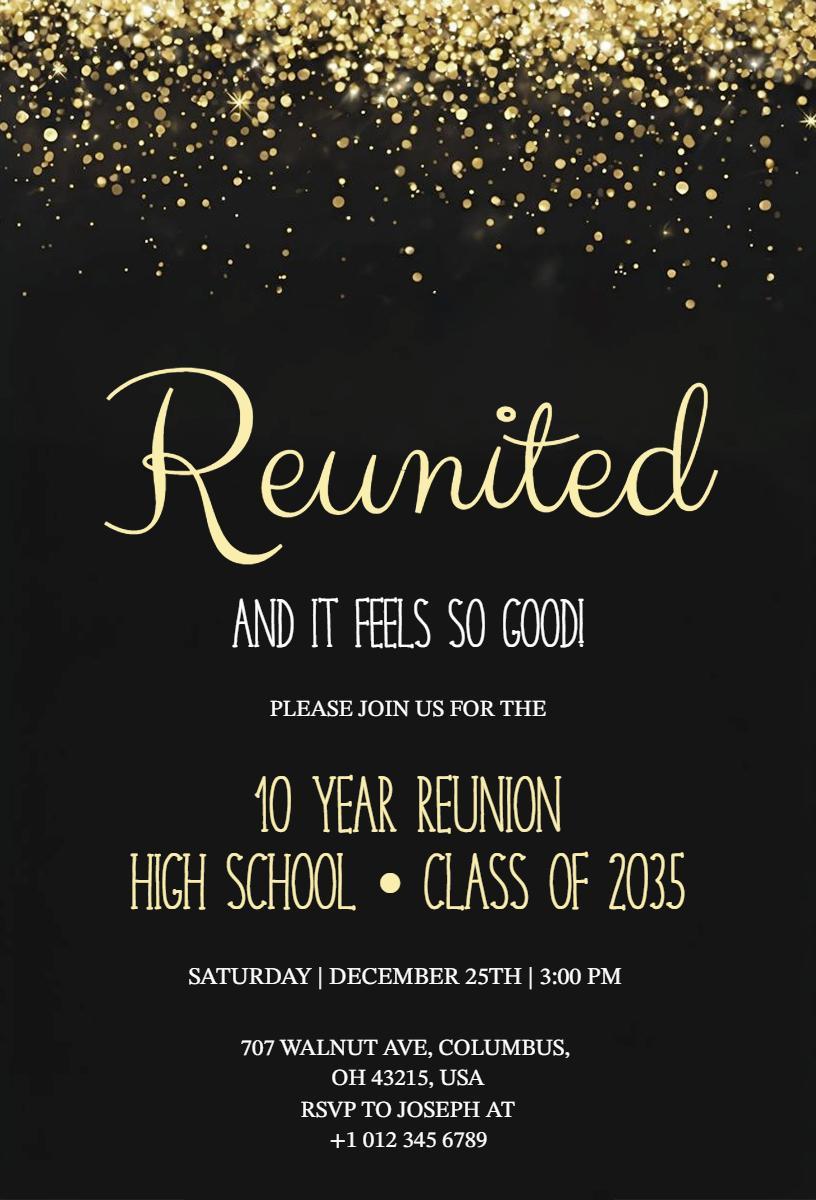 Elegant Gold High School 10 Year Reunion Invitation Template