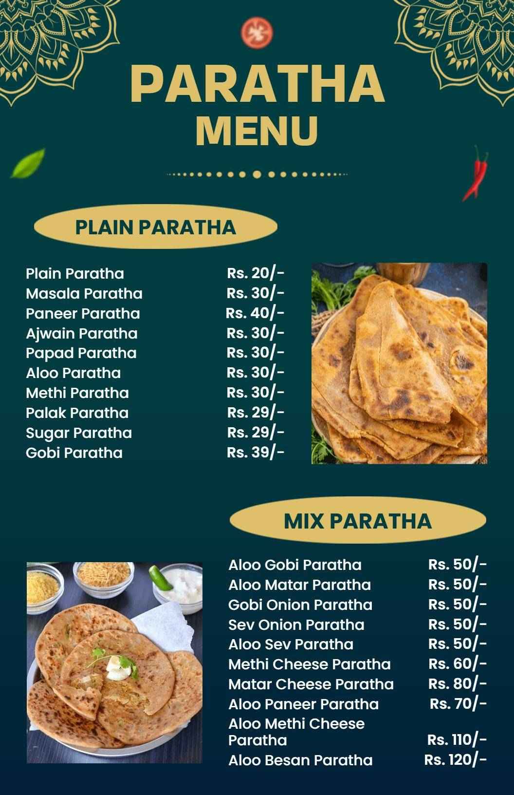 Elegant Gold Indian Cuisine Paratha Menu Template