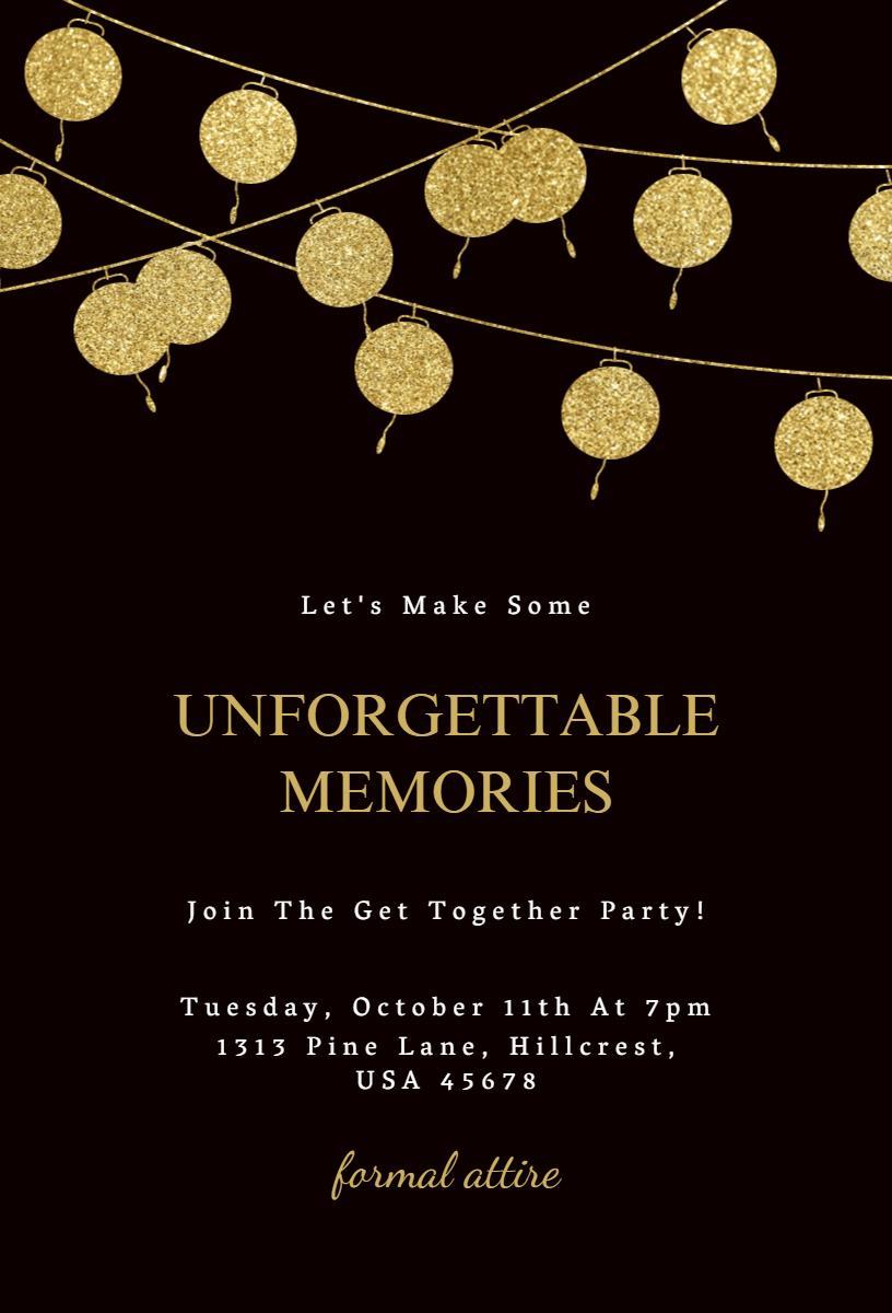 Elegant Gold Lantern String Unforgettable Memories Invitation Template