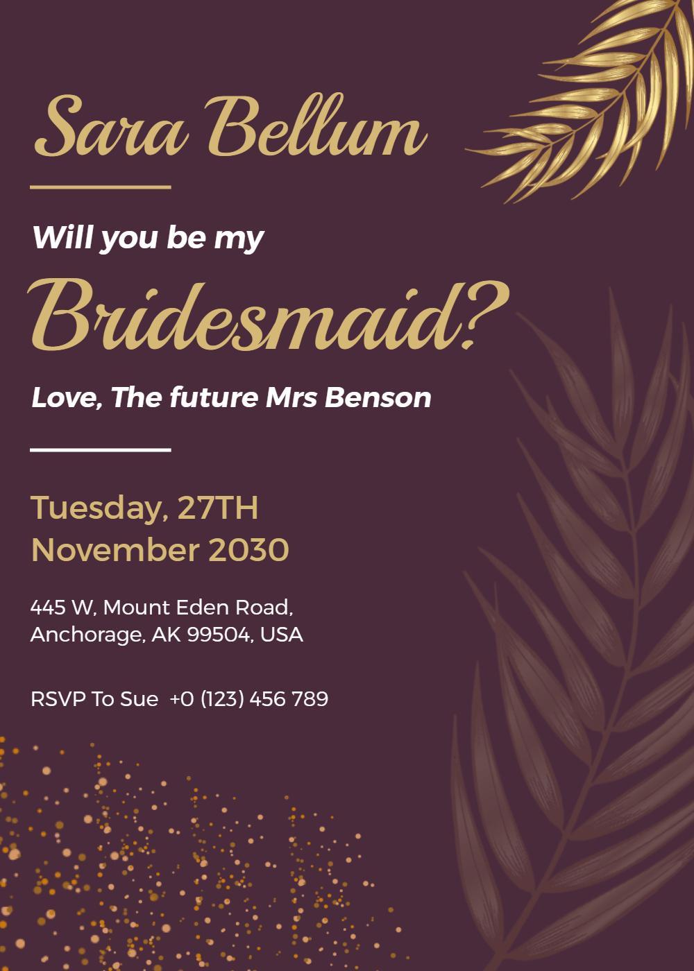 Elegant Gold Leaf Bridesmaid Proposal Invitation Template