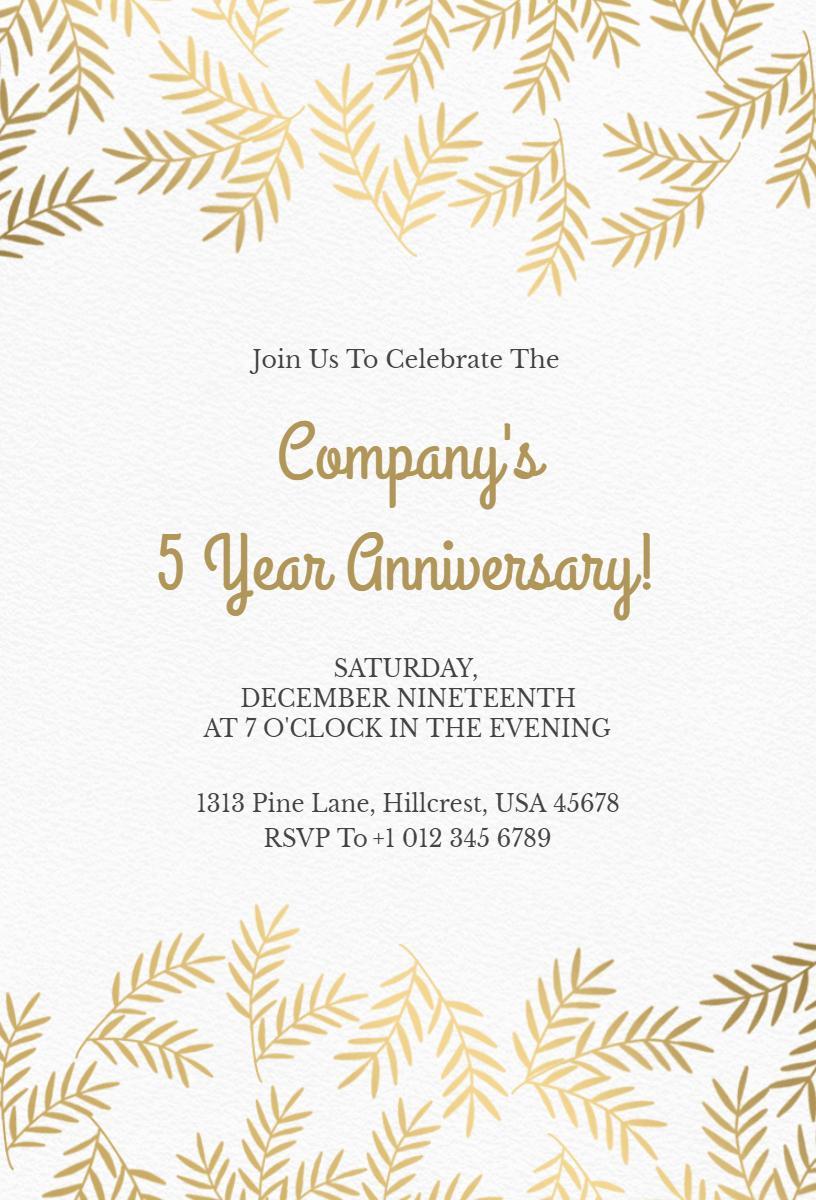Elegant Gold Leaf Company 5 Year Anniversary Invitation Template