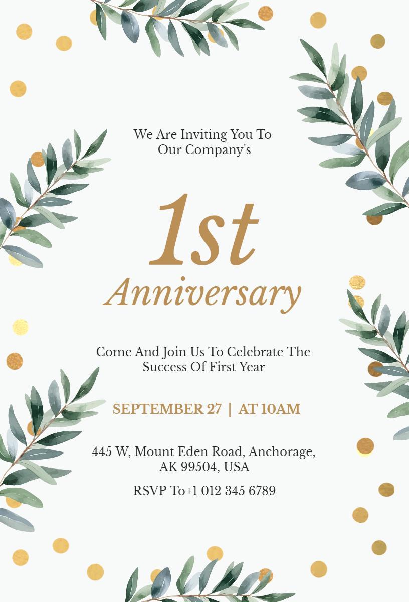 Elegant Gold Leaf First Anniversary Celebration Invitation Template
