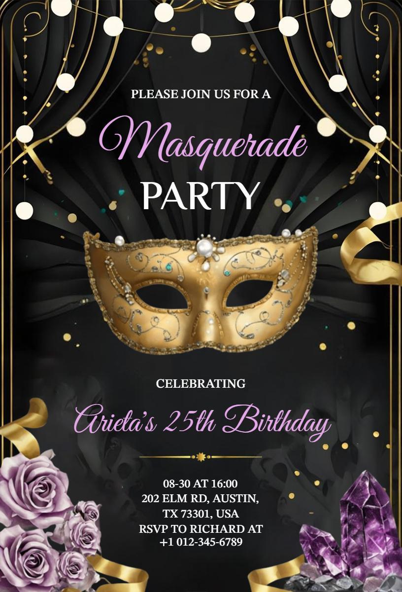 Elegant Gold Mask Masquerade Birthday Party Invitation Template