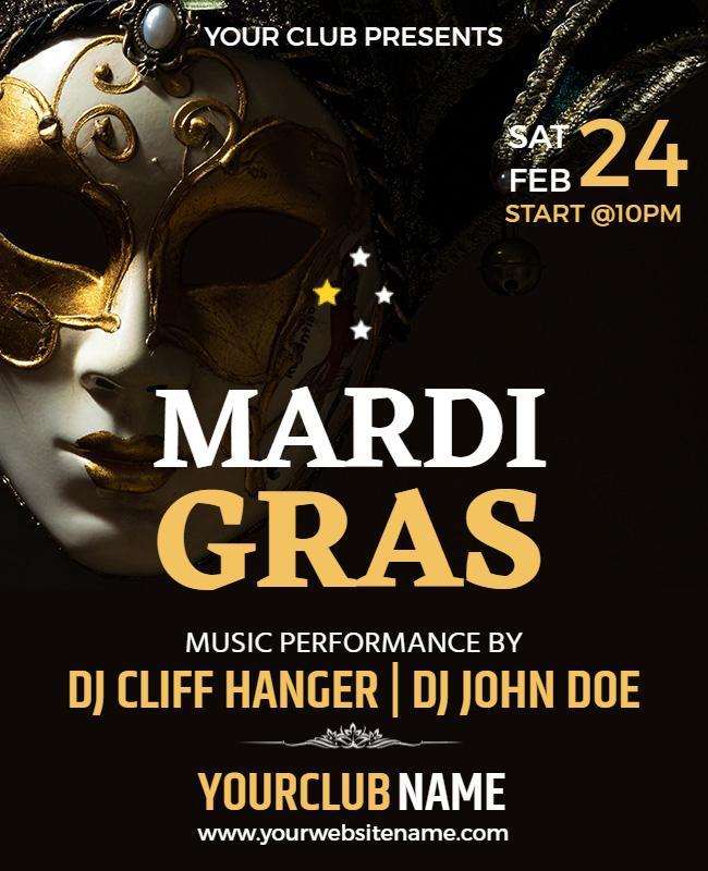 Elegant Gold Masked Mardi Gras Party Flyer Template
