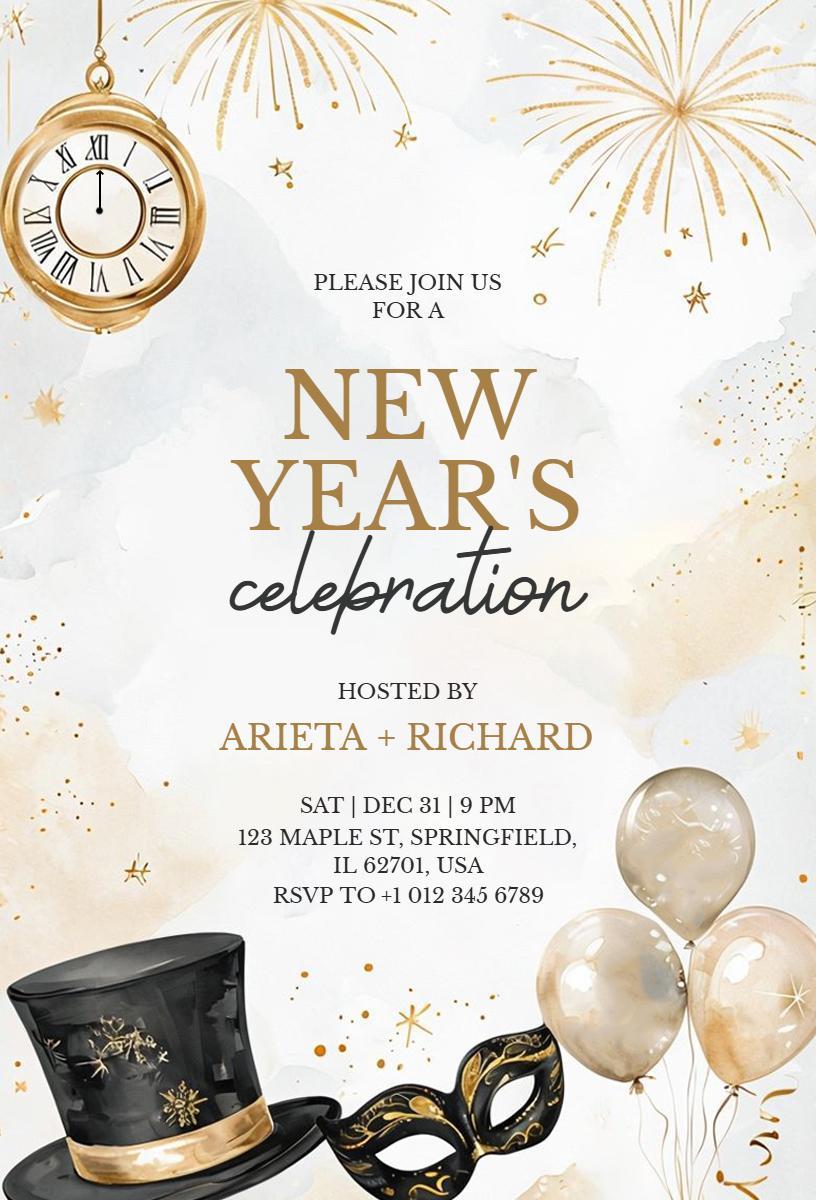 Elegant Gold Masquerade New Year's Celebration Invitation Template