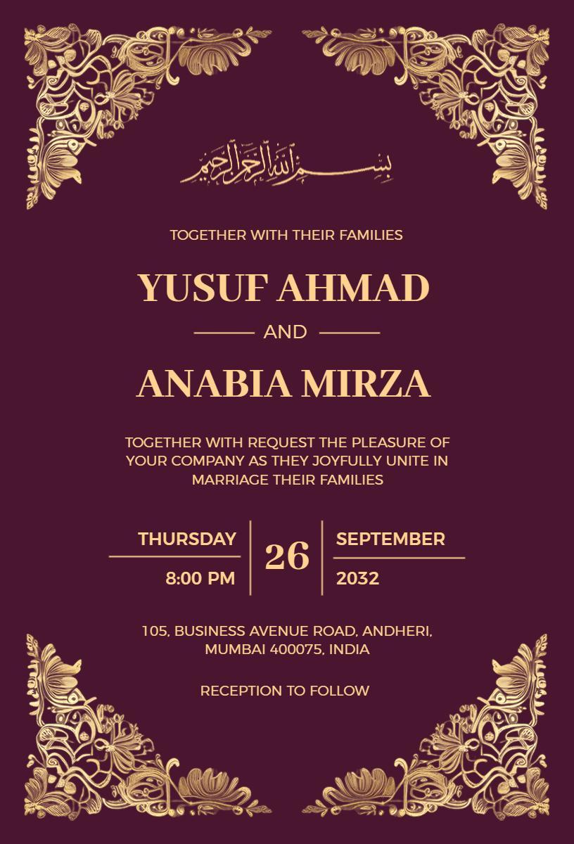 Elegant Gold Muslim Wedding Celebration Invitation Template