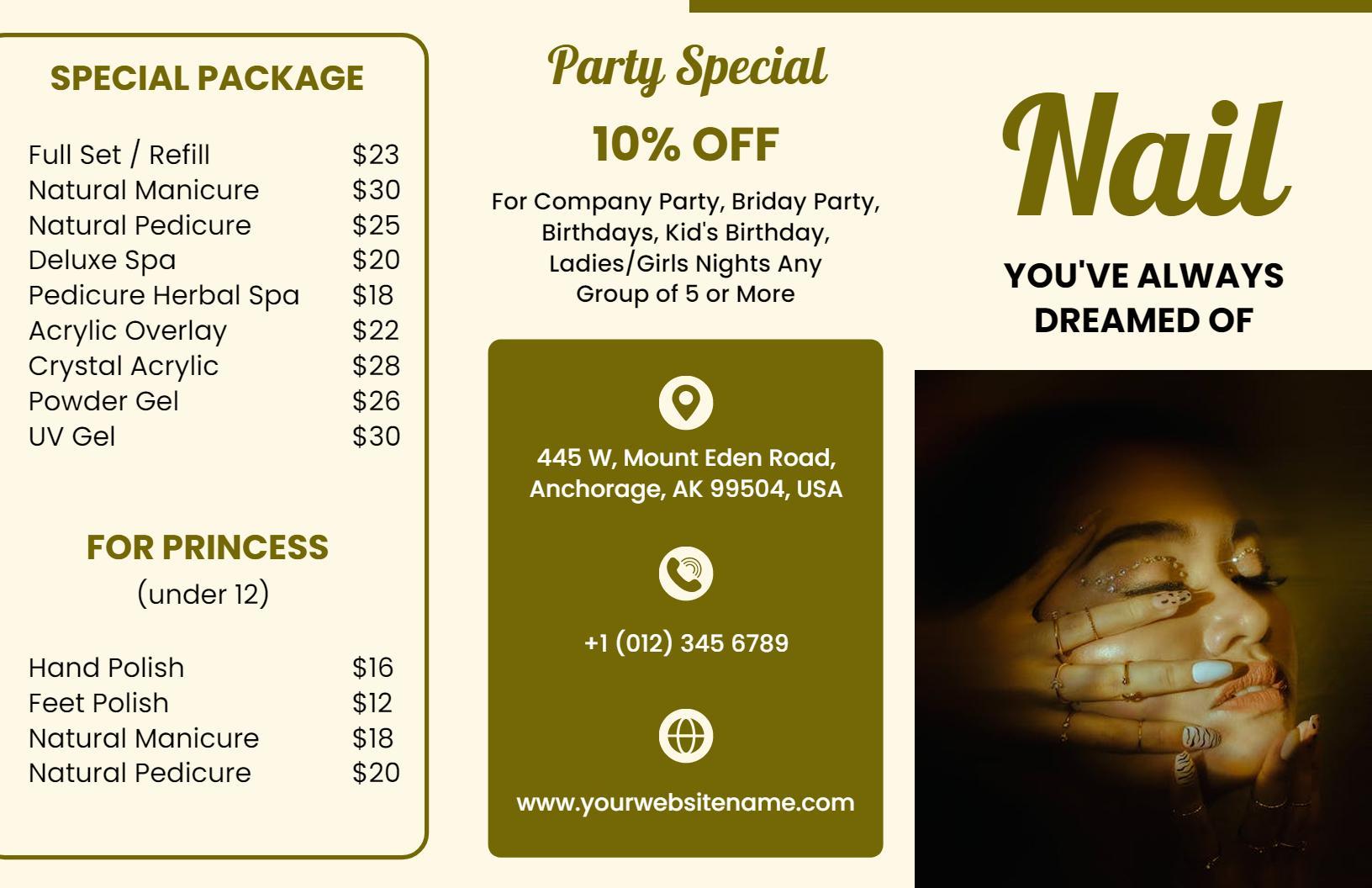 Elegant Gold Nail Salon Services Special Package Brochure Template