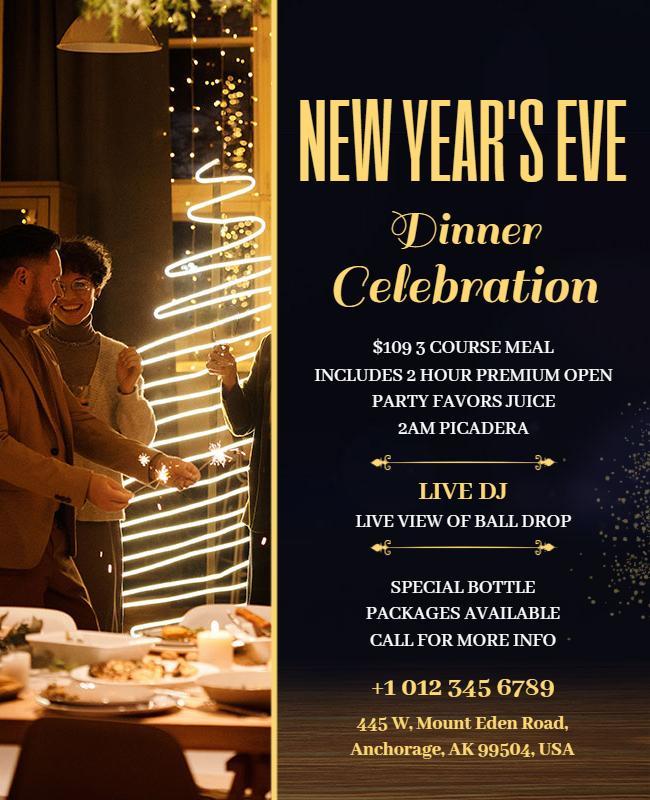 Elegant Gold New Year's Eve Dinner Celebration Poster Template