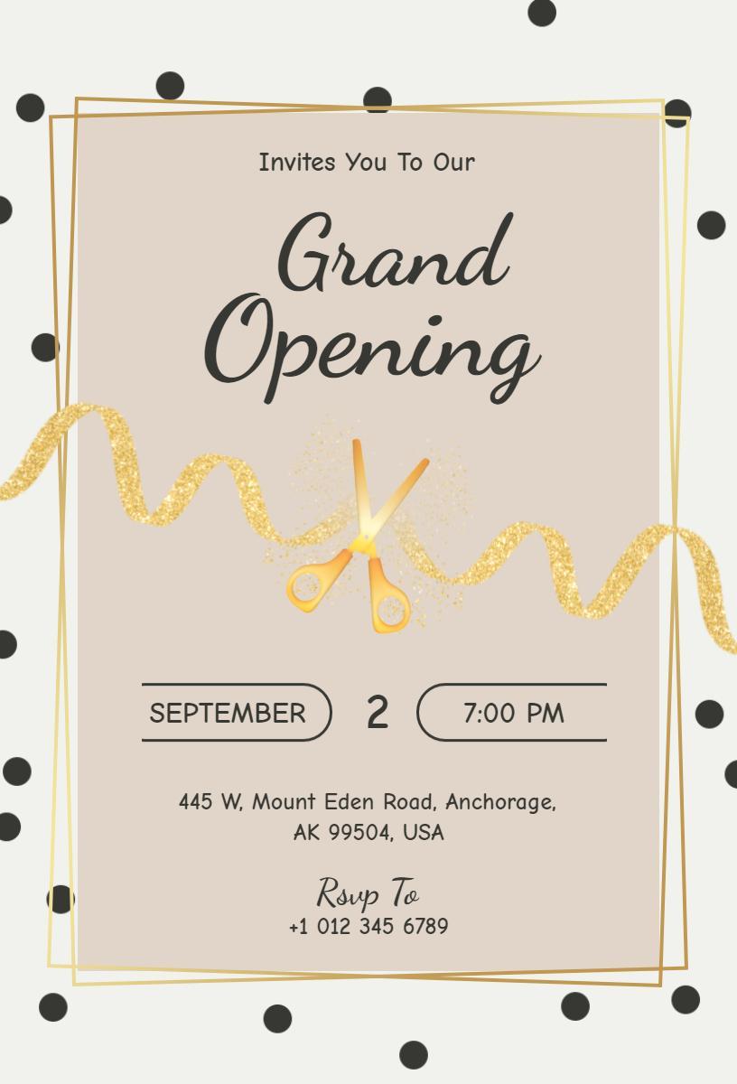 Elegant Gold Polka Dot Grand Opening Celebration Invitation Template