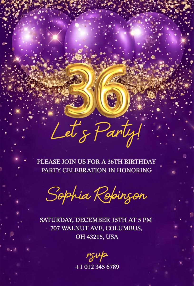 Elegant Gold Purple 36th Birthday Party Celebration Invitation Template