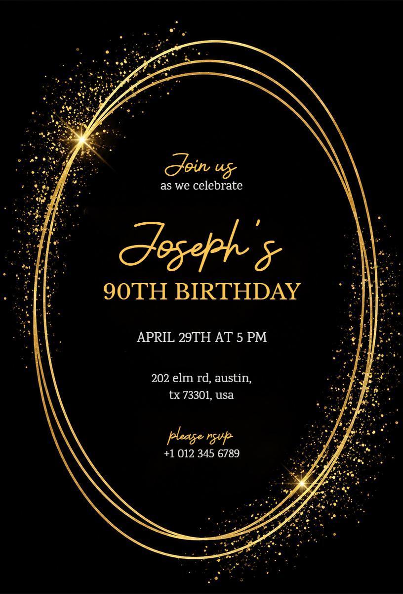 Elegant Gold Sparkle 90th Birthday Celebration Invitation Template