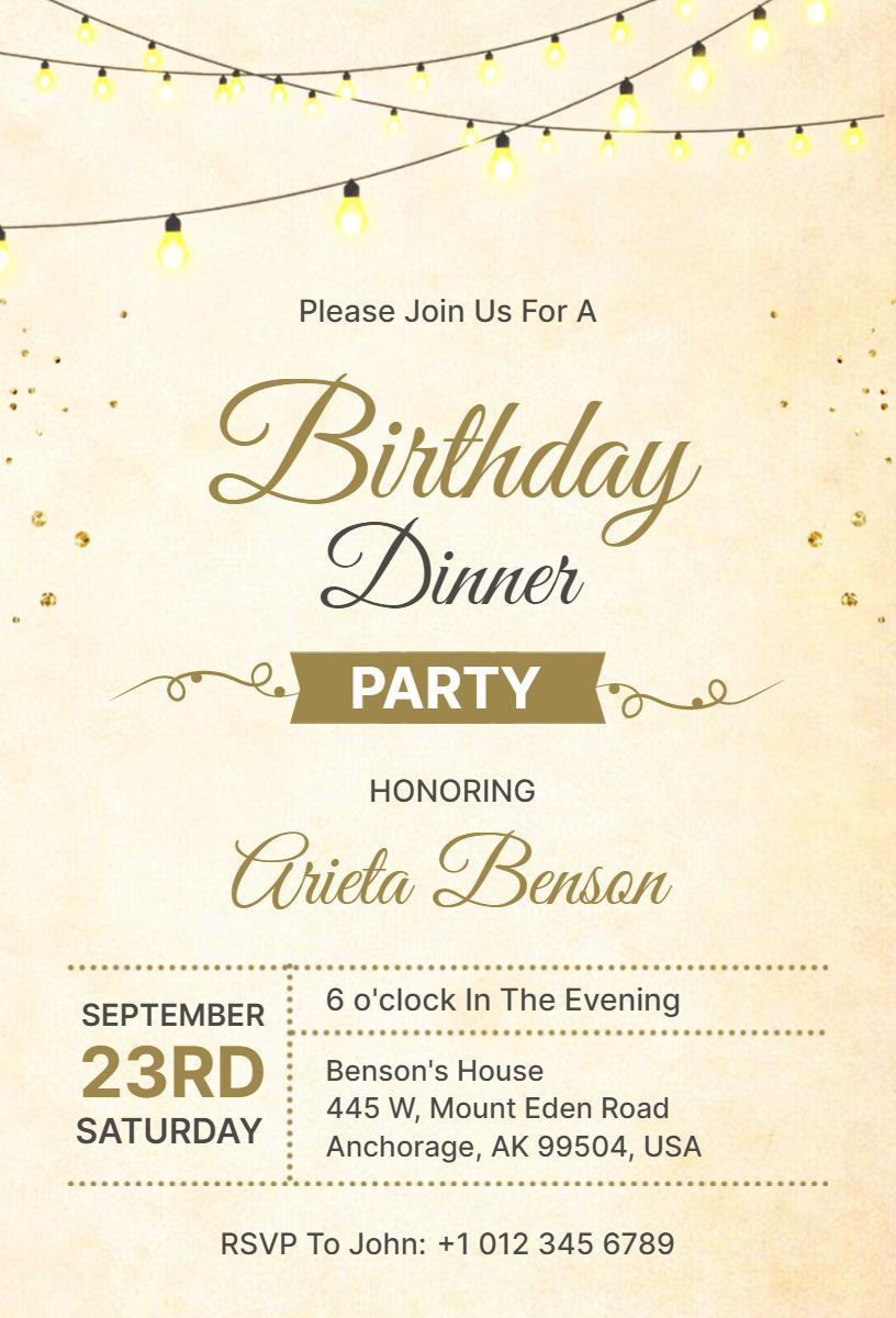 Elegant Gold String Lights Birthday Dinner Invitation Template