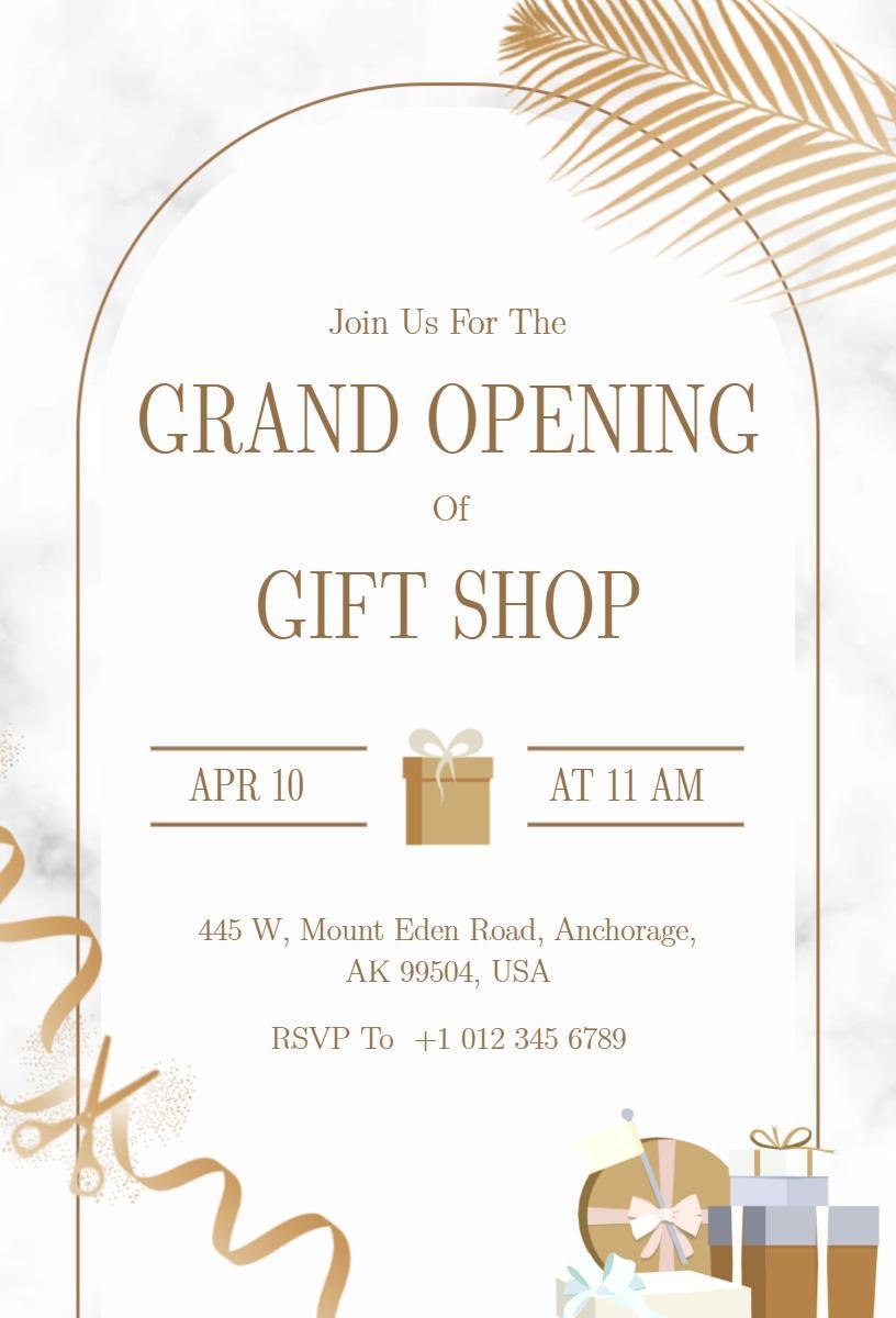 Elegant Gold Theme Gift Shop Grand Opening Invitation Template