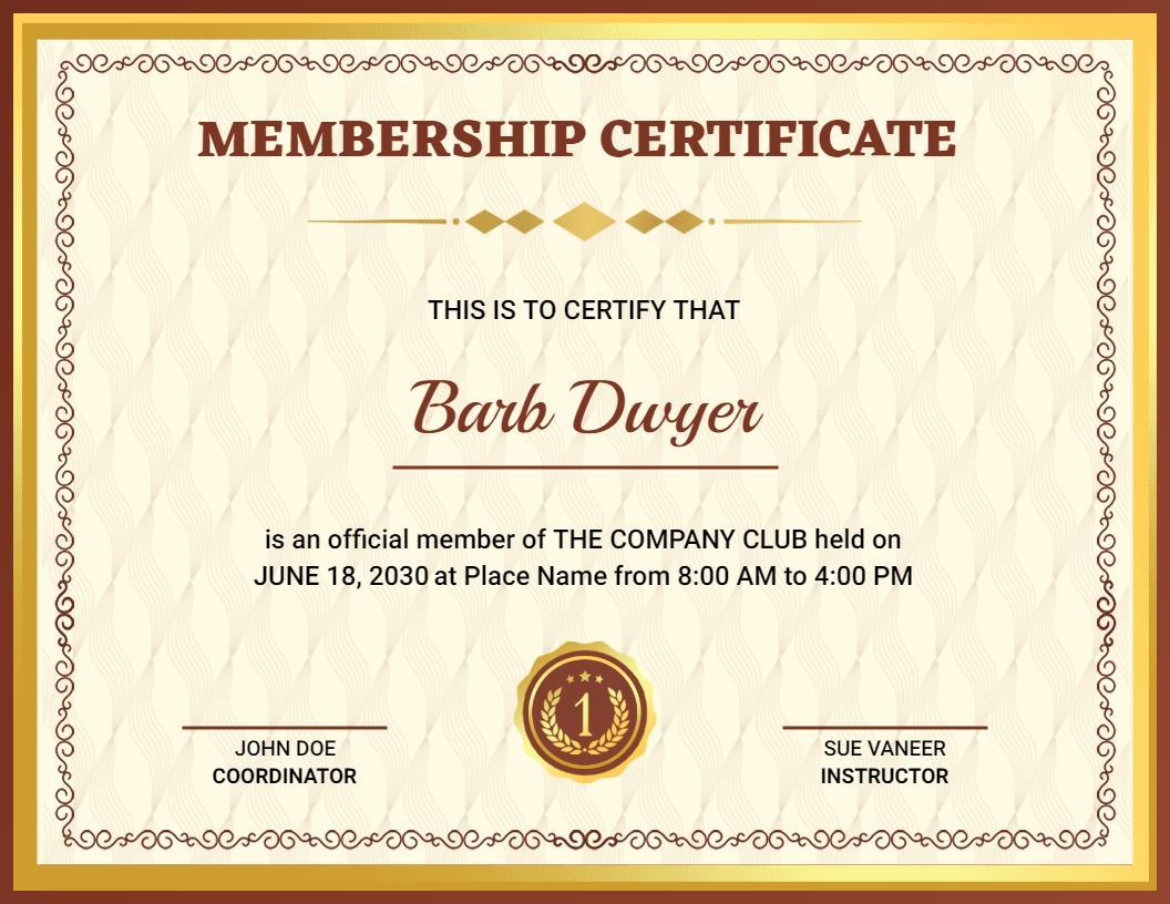 Elegant Gold Vintage Membership Club Certificate Template